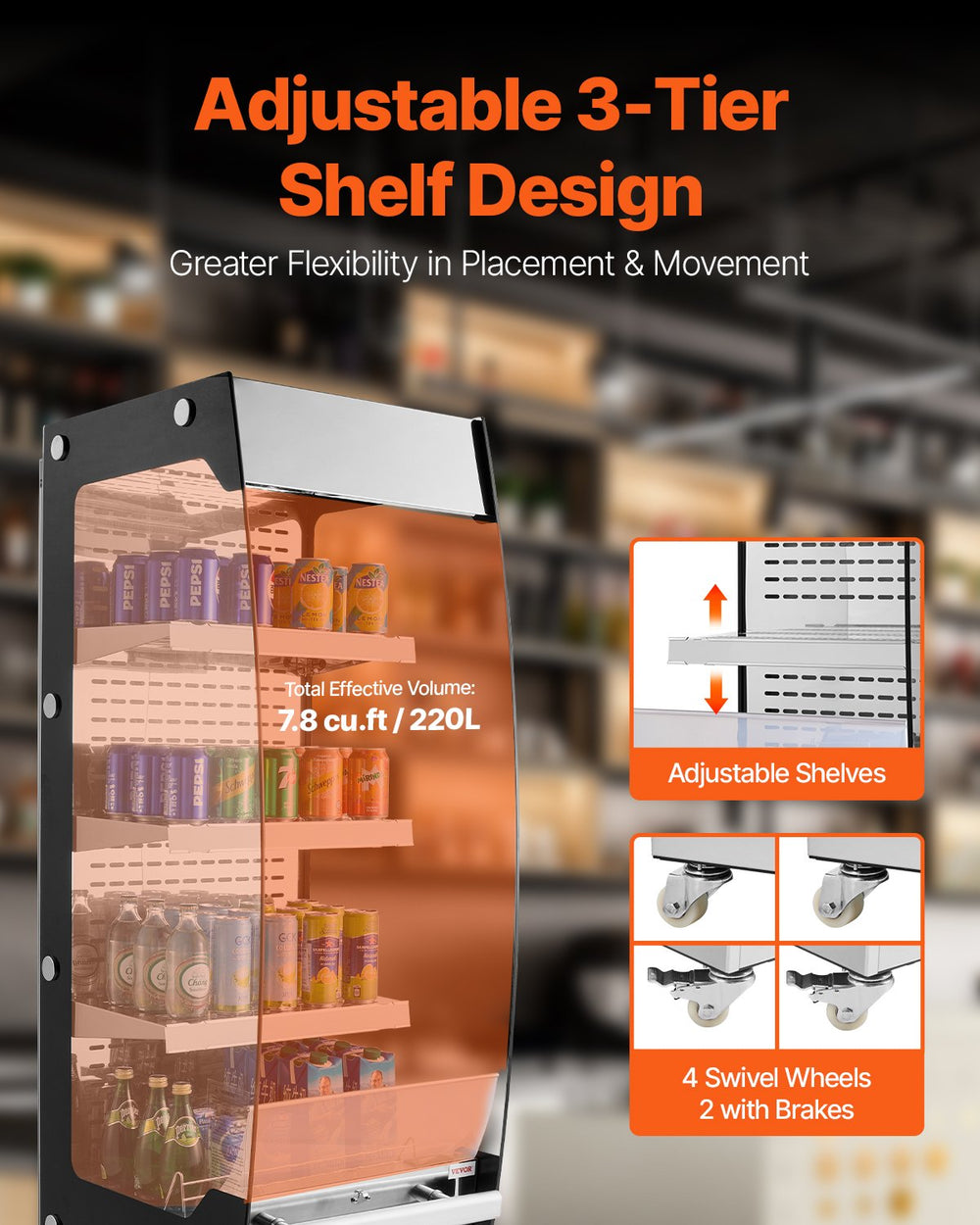 Vevor Open Air Merchandiser 3-Tier Display Cooler with Air Curtain 7.8 Cu.Ft New