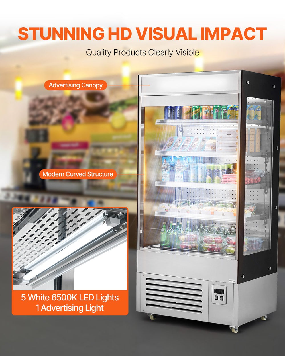 Vevor Open Air Merchandiser 4-Tier Display Cooler with Air Curtain 18.4 Cu. Ft New