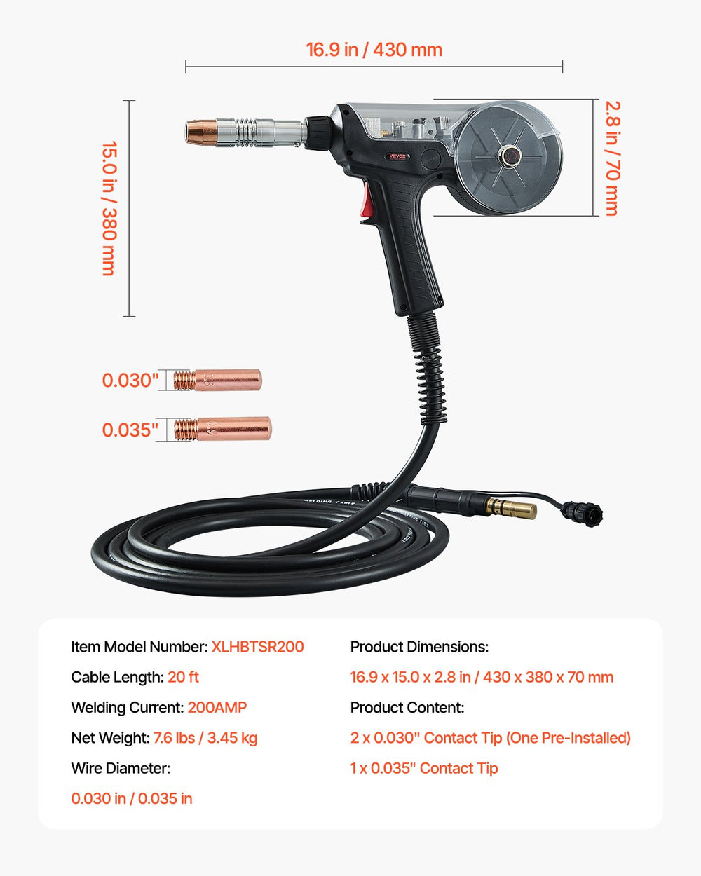 Vevor Spool Gun 200 Amp with 20 Ft Cable Compatible with Hobart IronMan 240 Mig Welders New