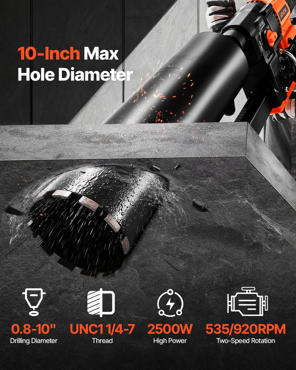 Vevor Diamond Core Drill Rig with 10 Bits Dual Speed Wet & Dry Drilling 2500W New