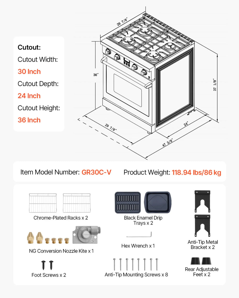Vevor Gas Range Oven 30" with 4 Cooktop Burners 4.8 Cu. Ft Capacity New