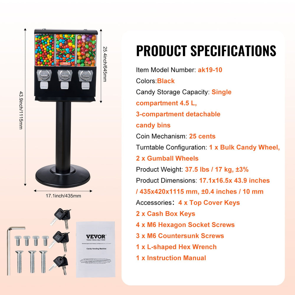 Vevor Commercial Vending Machine 3 Compartment Coin Operated Candy Dispenser with Stand New