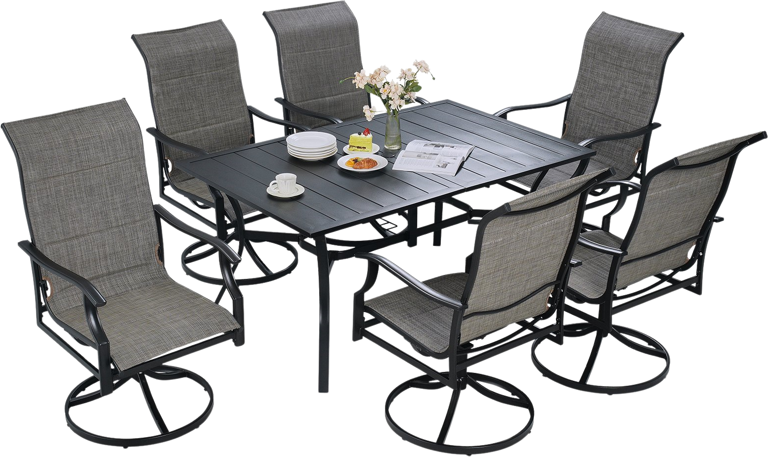 Vevor Patio Dining Set Outdoor Table with Umbrella Hole and Swivel Chairs 7 Piece New