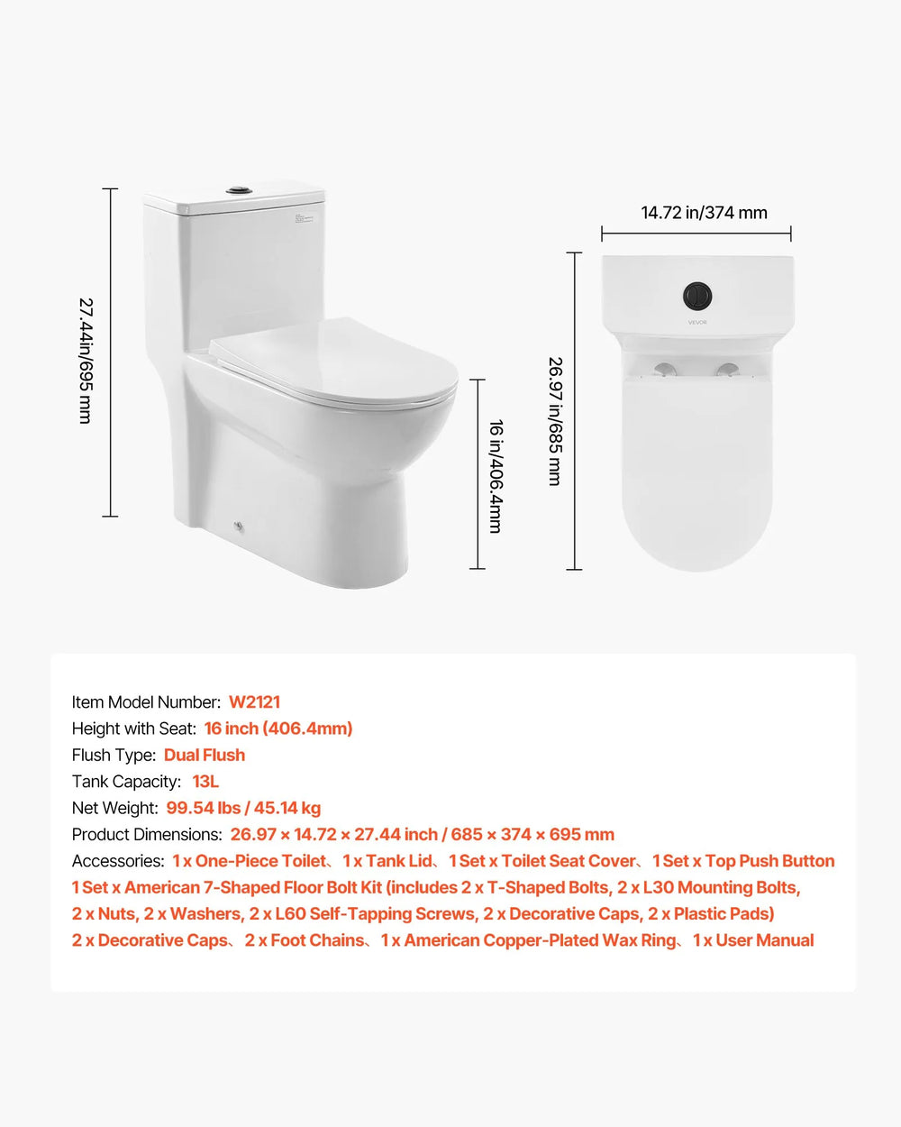 Vevor One-Piece Toilet Elongated Dual Flush 1.1/1.6 GPF 16 in. Seat Height 12 in. Rough-in New