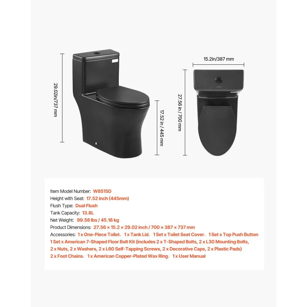 Vevor One-Piece Toilet Elongated Dual-Flush 1.0/1.28 GPF 17.5 in. Seat Height 12 in. Rough-in New
