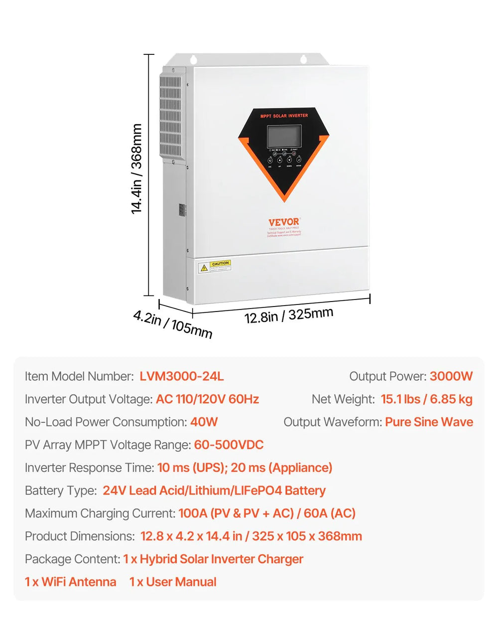 Vevor Hybrid Solar Inverter Charger 3000W 110/120V with Built-in 100A MPPT Controller New