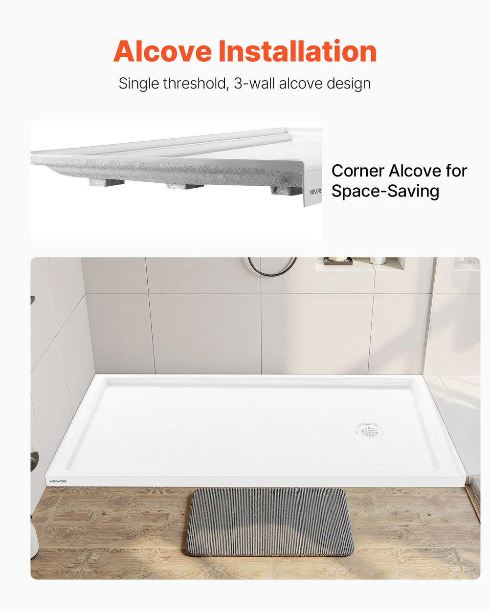 Vevor Shower Pan 60 x 32 in. Single Threshold Acrylic Slip-Resistant with Right Drain Kit New