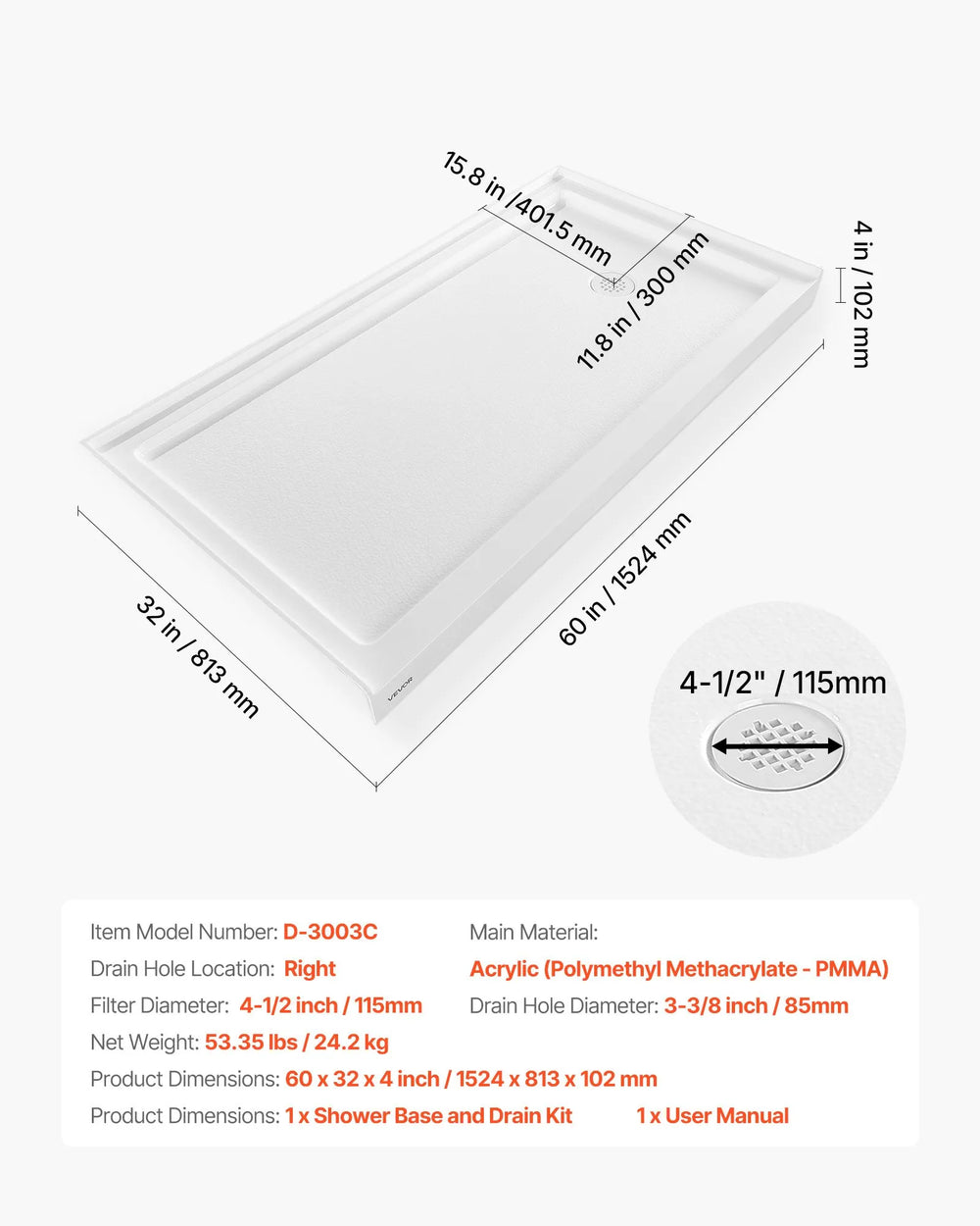 Vevor Shower Pan 60 x 32 in. Single Threshold Acrylic Slip-Resistant with Right Drain Kit New