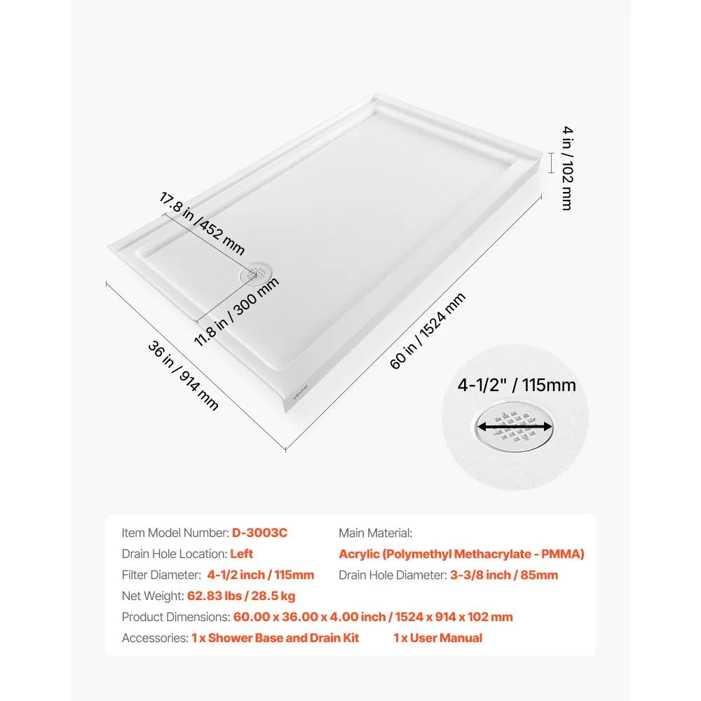Vevor Shower Pan 60 x 36 in. Single Threshold Acrylic Slip-Resistant with Left Drain Kit New