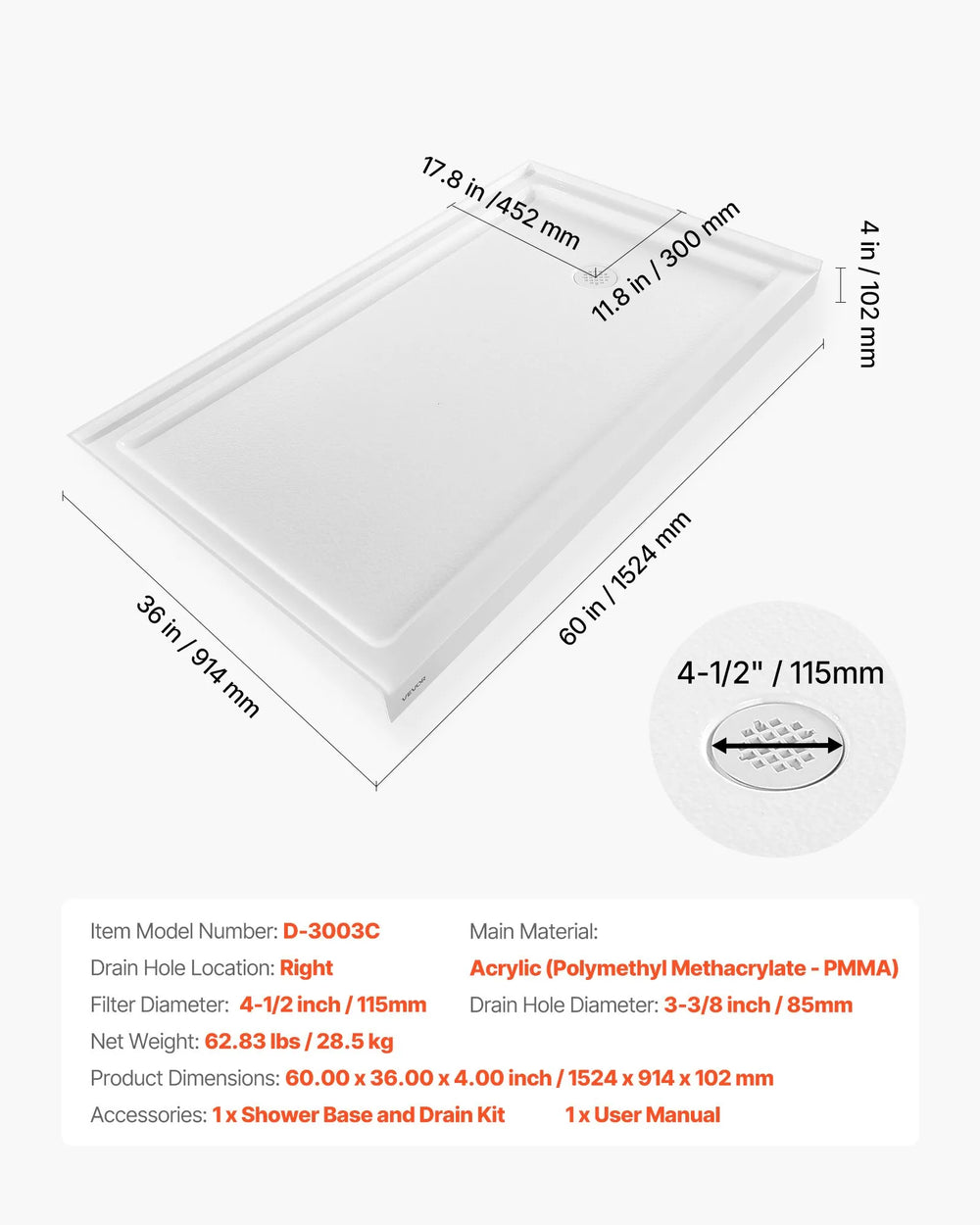 Vevor Shower Pan 60 x 36 in. Single Threshold Acrylic Slip-Resistant with Right Drain Kit New