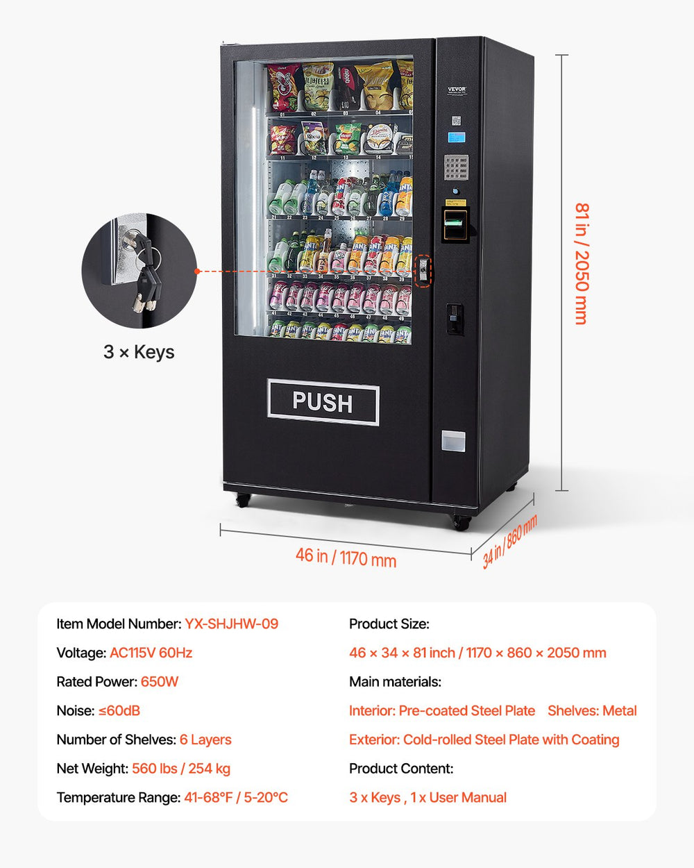Vevor Vending Machine Refrigerated 60 Slots with ICT Bill/Coin Acceptor New