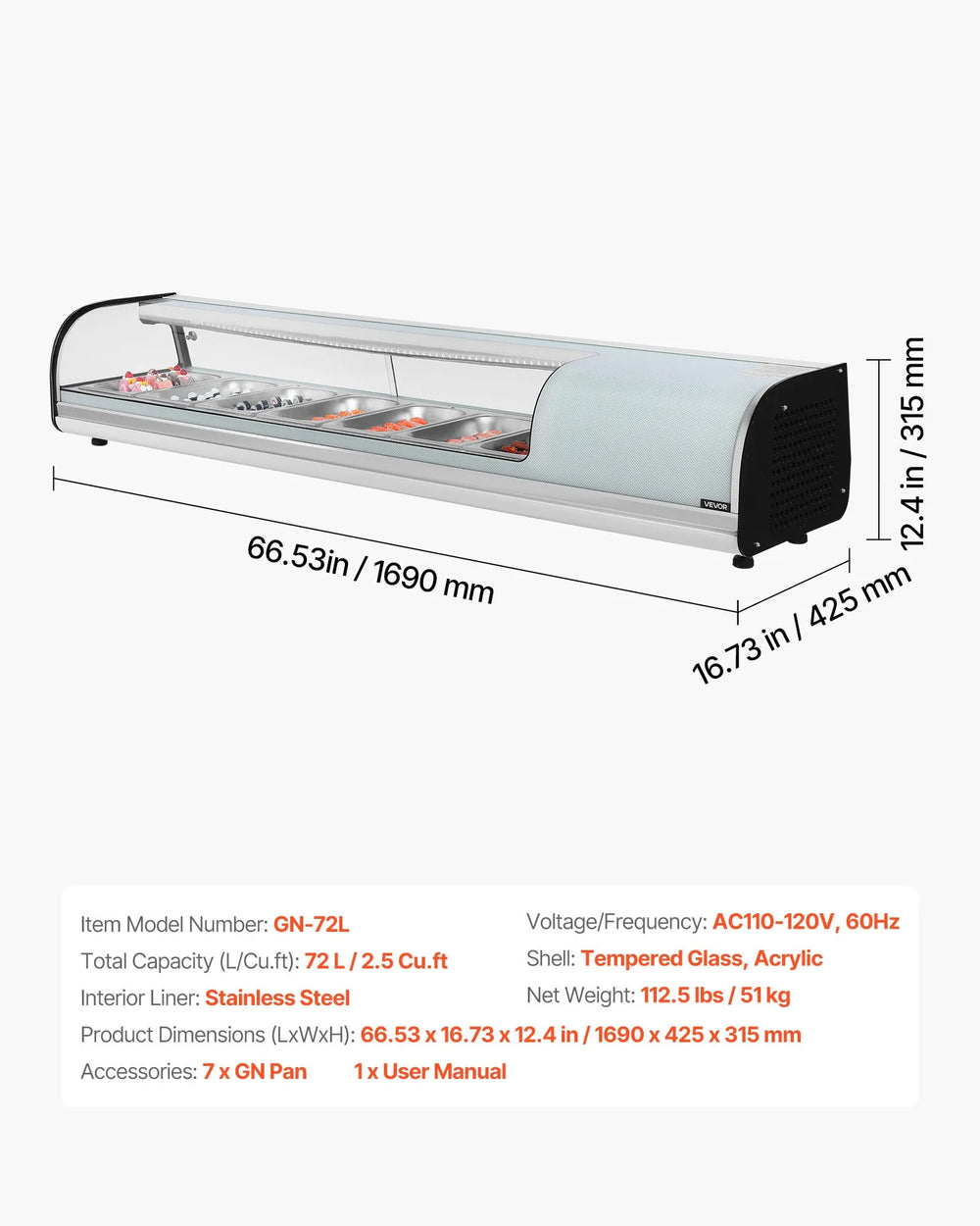 Vevor Commercial Display Case Refrigerator 2.5 Cu. Ft 7-Pan LED Lighting Temp Control New