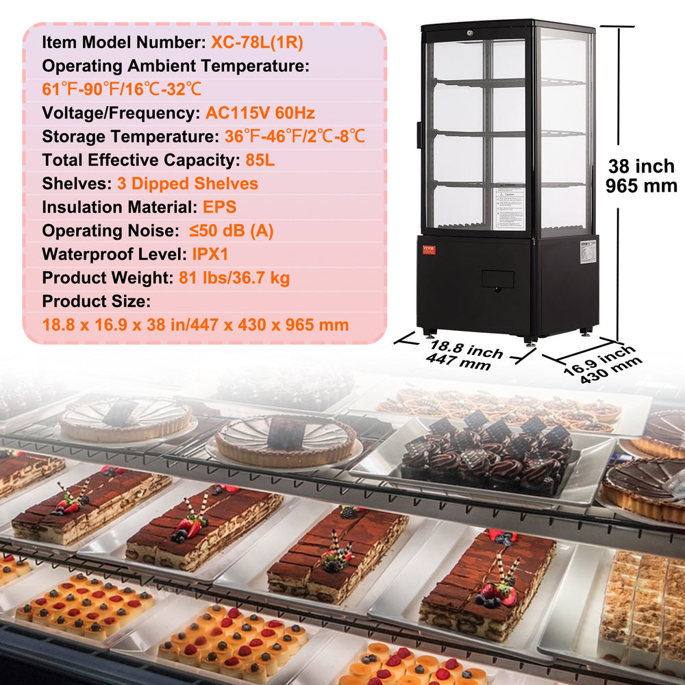 Vevor Refrigerated Display Case 3-Tier with LED Lighting 3 Cu.Ft./85L Capacity New