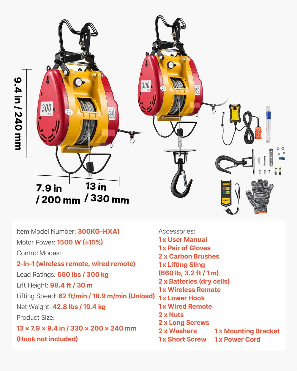 Vevor Electric Hoist Winch 660 lb. Capacity 98.4 ft. Lift Wired/Wireless Remote Control New