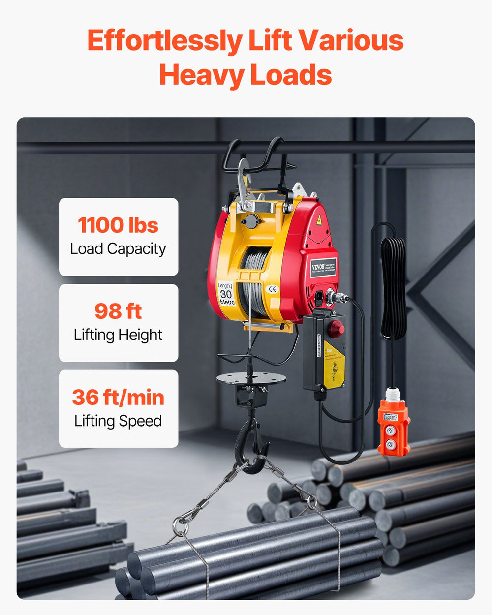 Vevor Electric Hoist Winch 1100 Lbs Capacity Wired/Wireless Remote Control New