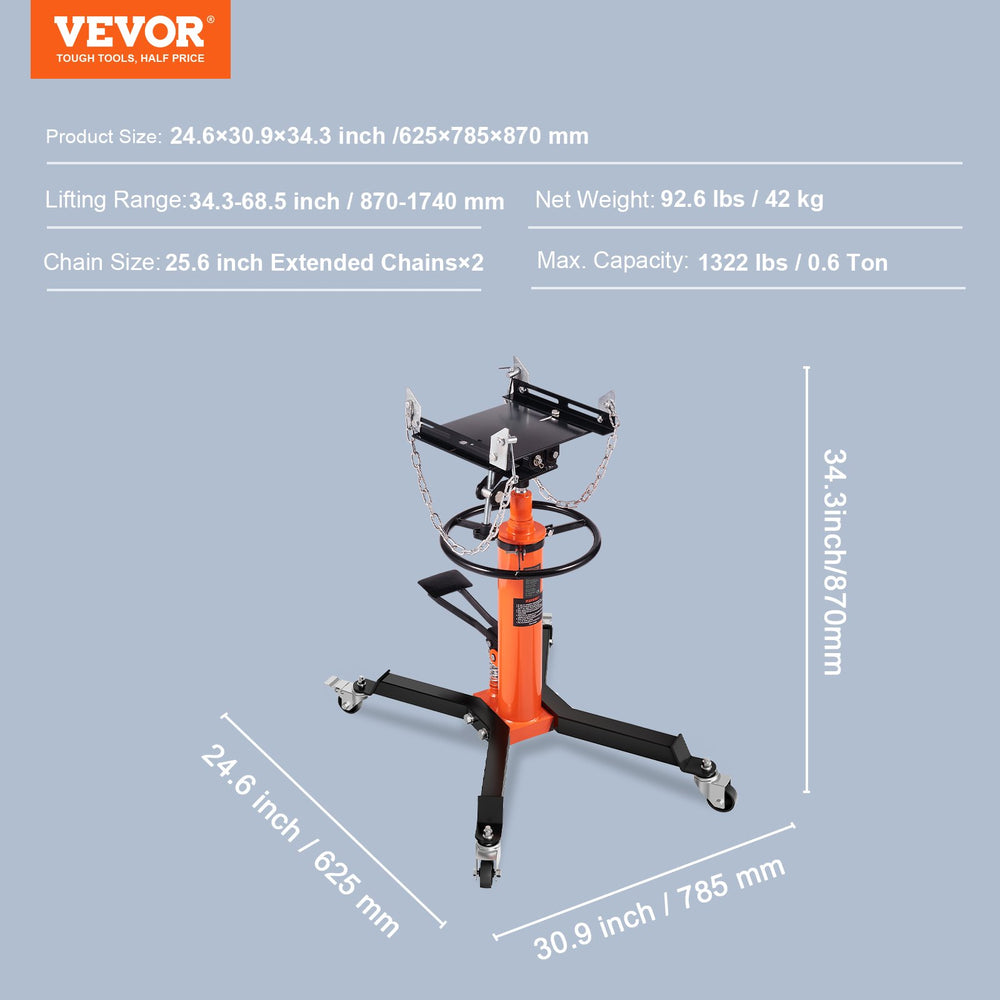 Vevor Hydraulic Transmission Jack 1322 Lbs Capacity 360° Swivel Wheels New