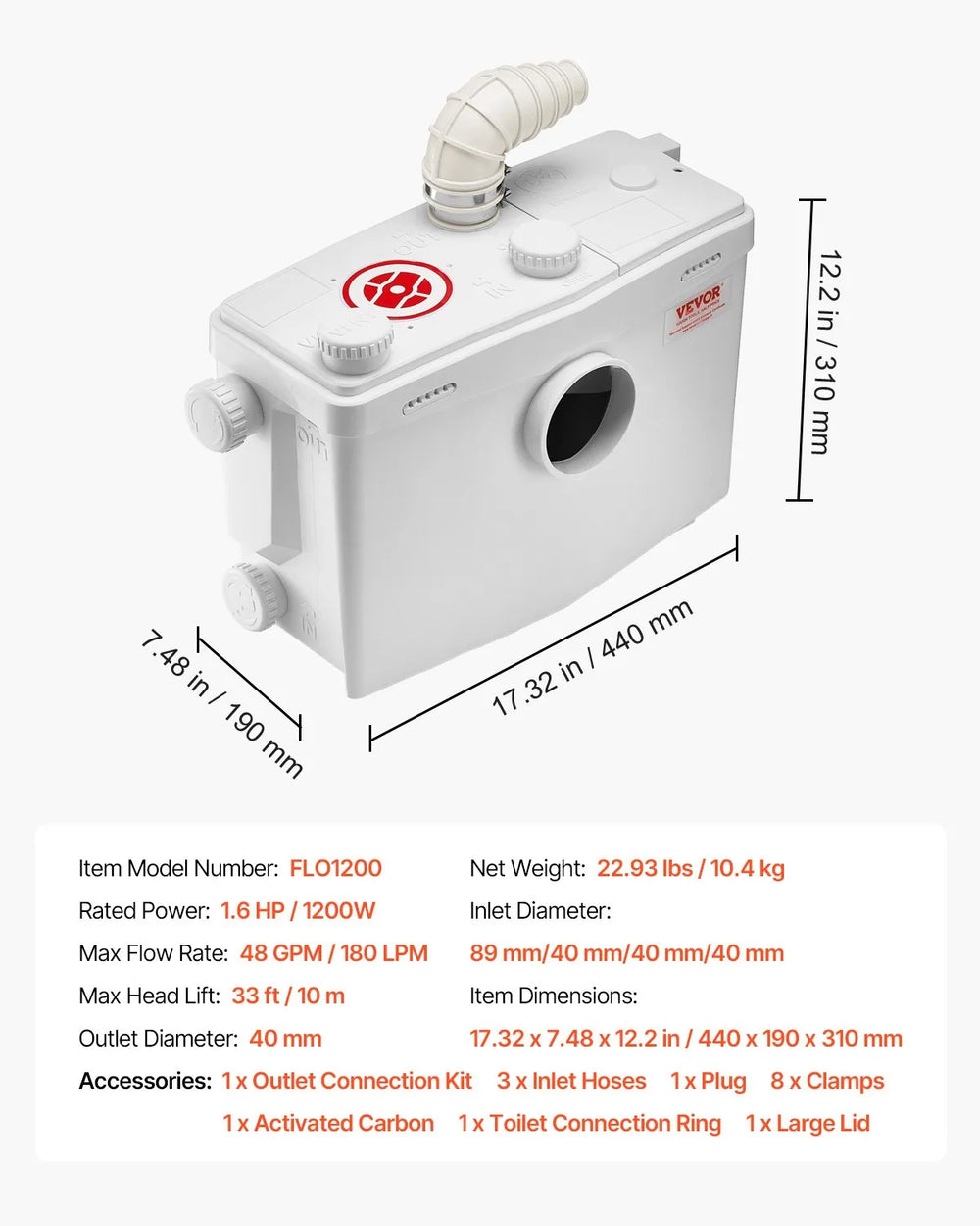 Vevor Macerator Pump 1200W 48 GPM 33' Head Lift with 4 Water Inlets New