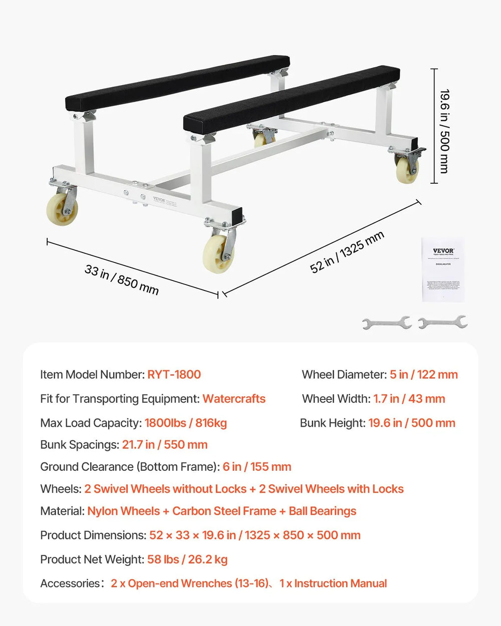 Vevor Watercraft Dolly PWC 1800 Lbs Load Capacity Jet Ski Storage Cart New