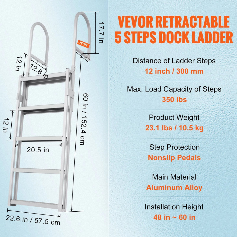 Vevor Dock Ladder 5 Steps 66.9-78.9 in. Retractable Aluminum Alloy 350 lb. Capacity New