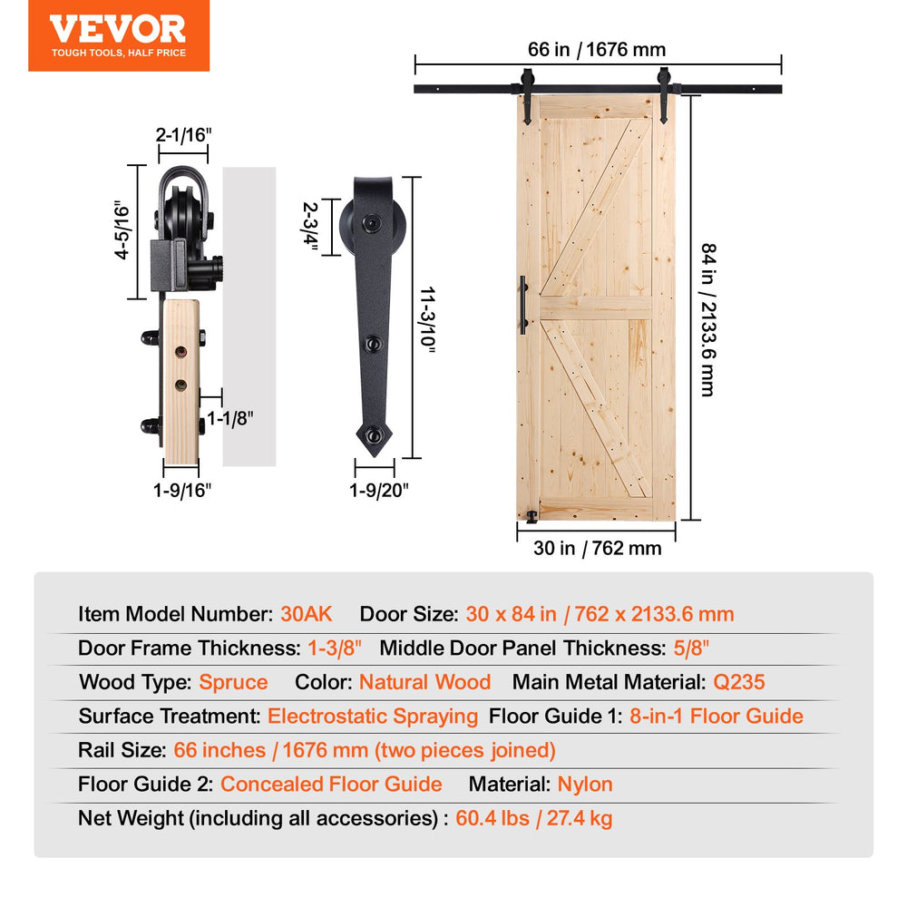 Vevor Barn Door and Hardware Kit 30" x 84" Smooth and Quiet Wood Sliding Door Kit New