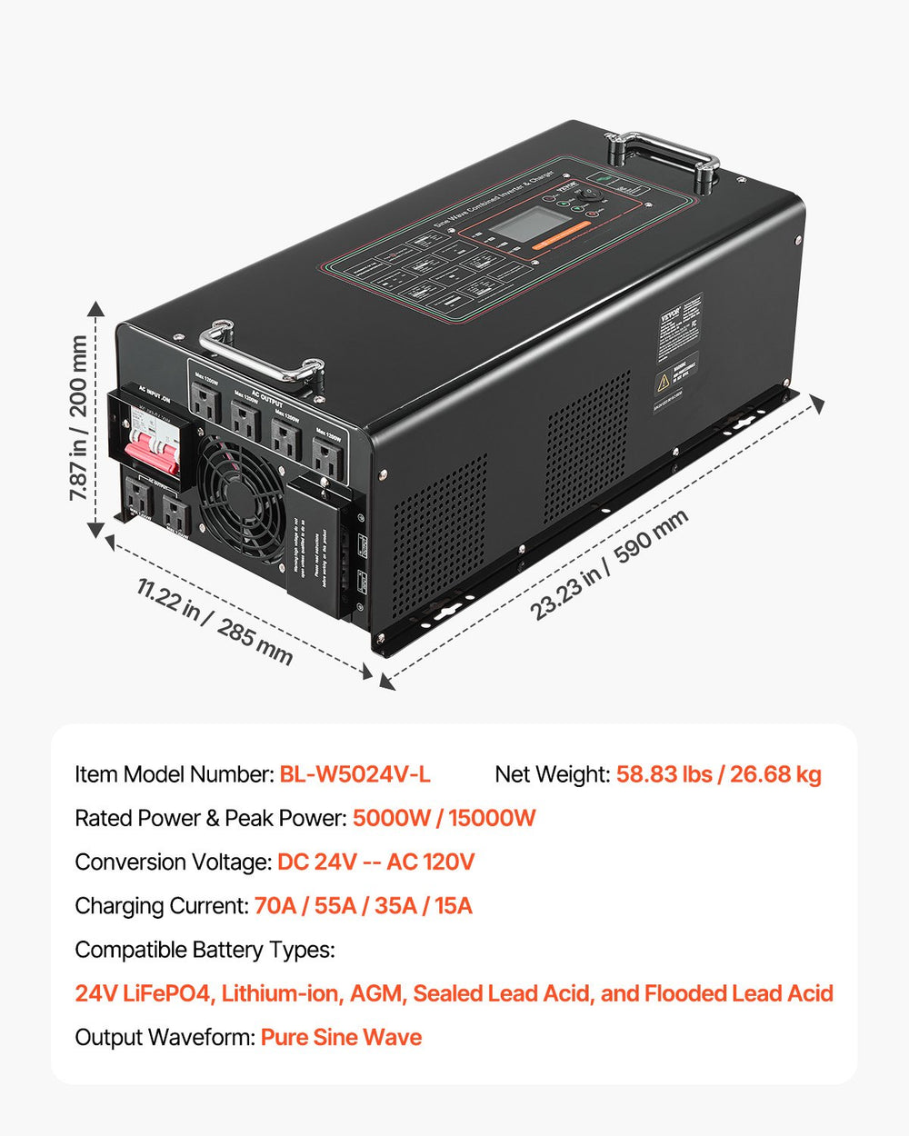 Vevor Pure Sine Wave Inverter Charger 5000W DC 24V to AC 120V New