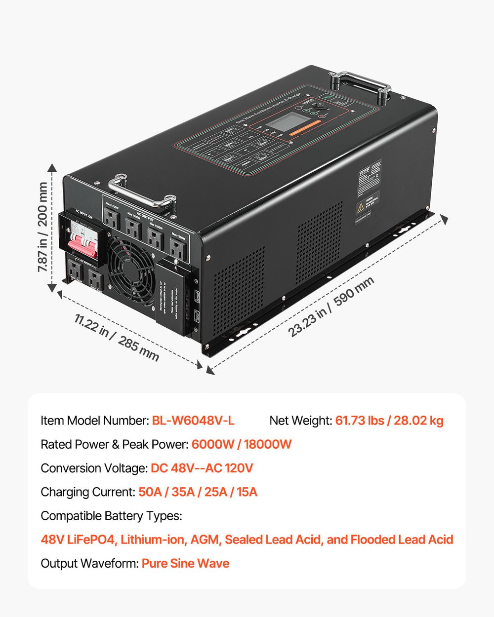 Vevor Pure Sine Wave Inverter Charger DC 48V to AC 120V 6000W New