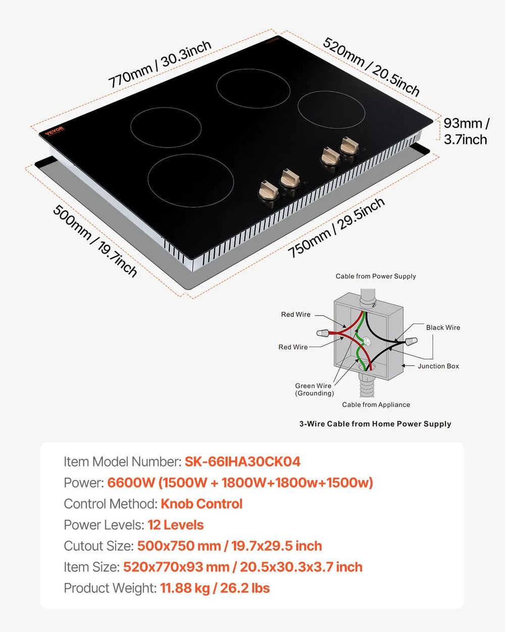 Vevor Electric Induction Cooktop 4-Burner 6600W Multizone with 12 Heat Levels New