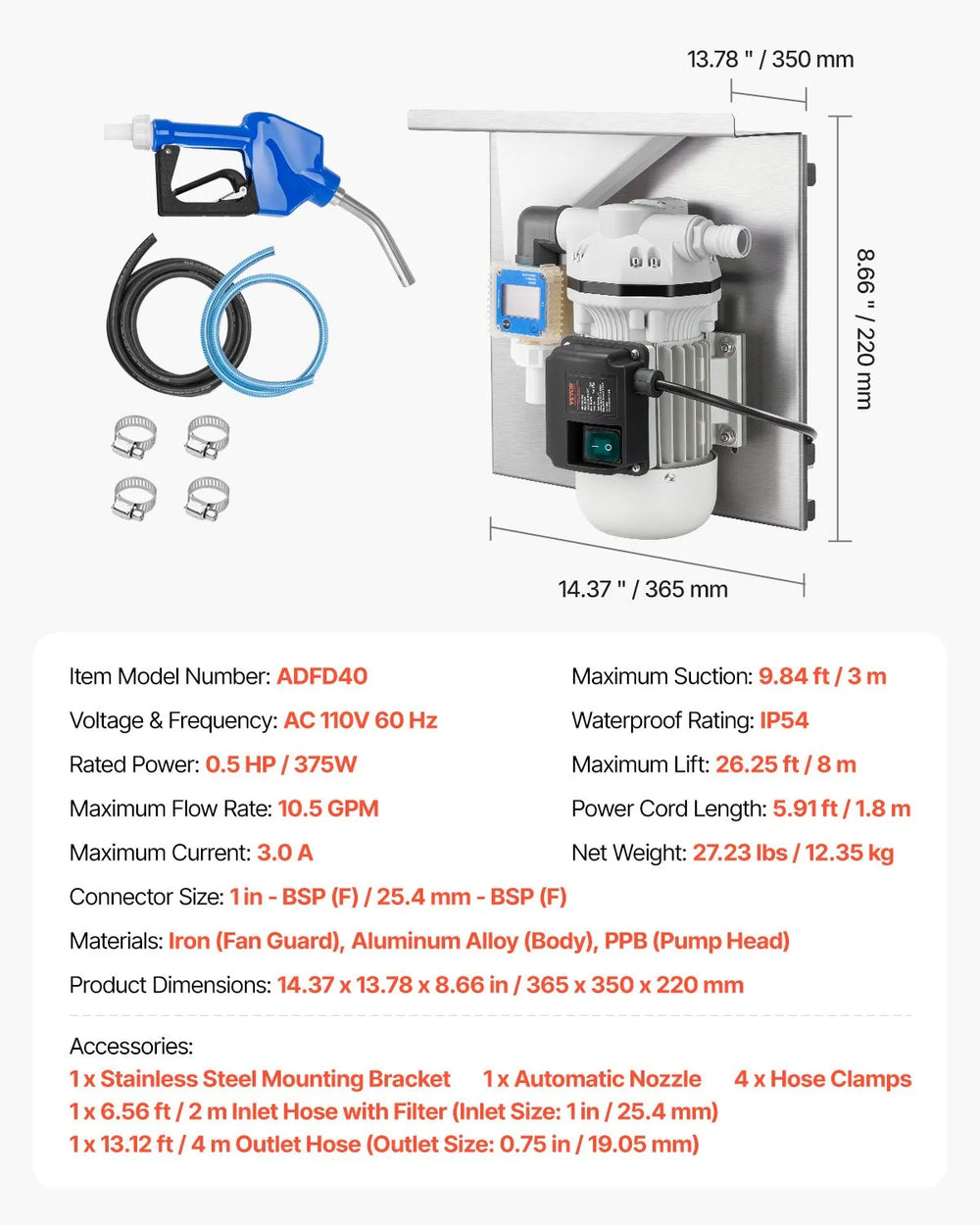 Vevor DEF Transfer Pump Kit 10.5 GPM for Diesel Exhaust Fluid with Bracket Auto Nozzle 110V New