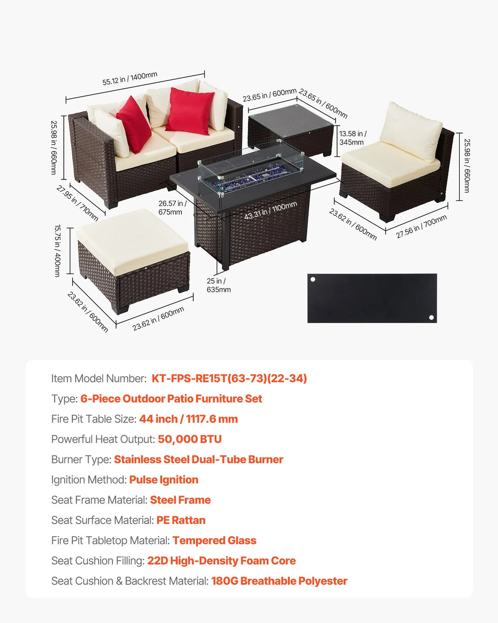 Vevor Patio Furniture Set with Fire Pit Table 6-Piece Wicker Rattan New