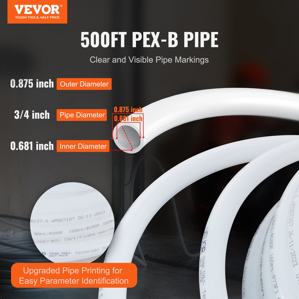 Vevor PEX-B Flexible Pipe Tubing 3/4" 500 Ft. Length with Cutter and Clamps New