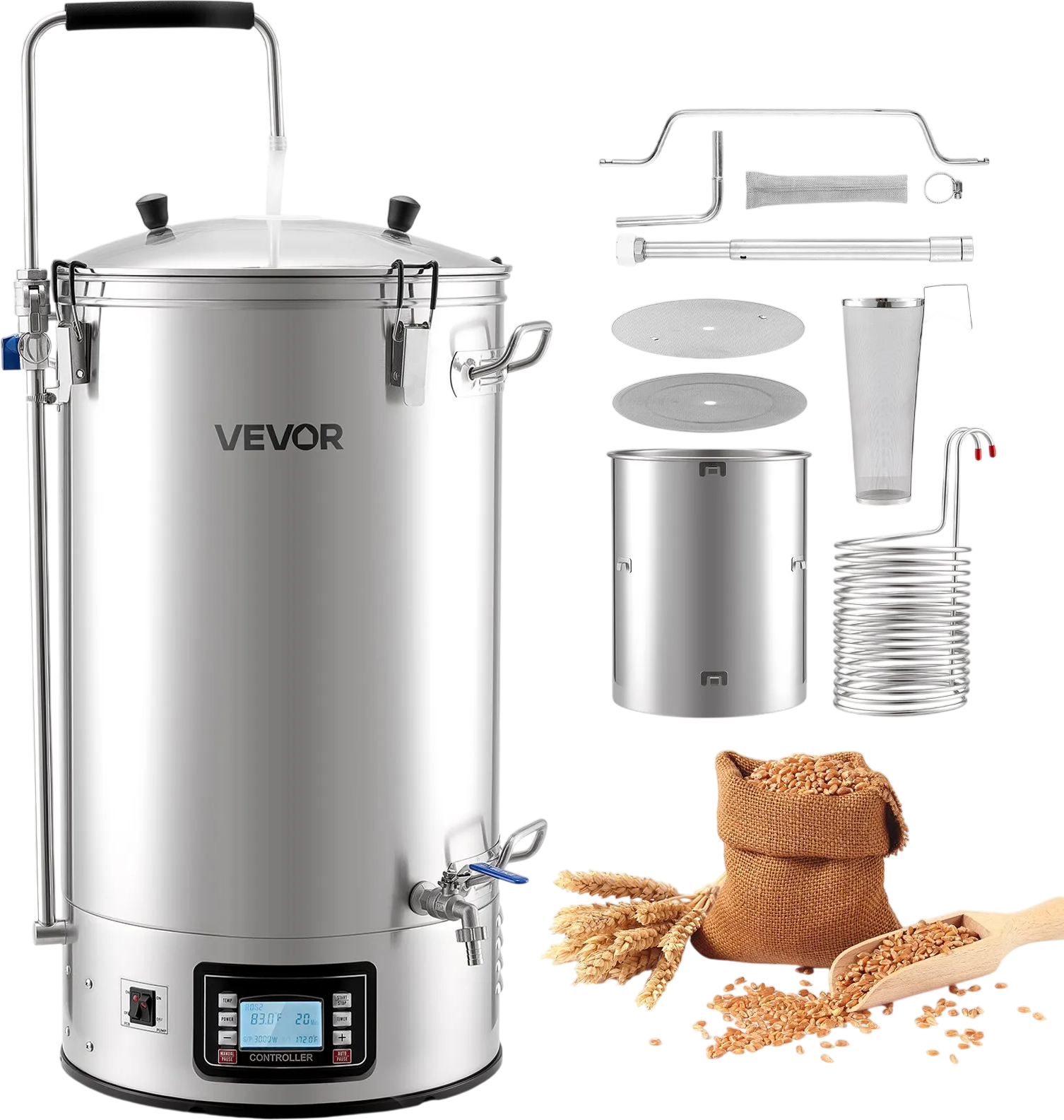 Vevor Beer Brewing All-in-One Kit 16 Gal. with Anti-Burn Pump Wort Chiller Digital Control New