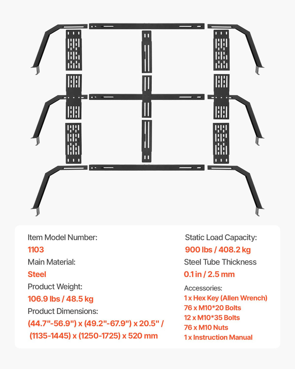 Vevor Overland Truck Bed Rack 900 Lbs Capacity for Mid-Size Pickups Ne ...