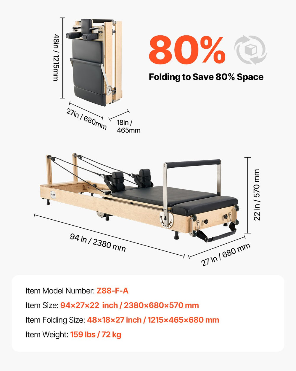 Vevor Pilates Reformer Wooden Foldable Home Workout Equipment New