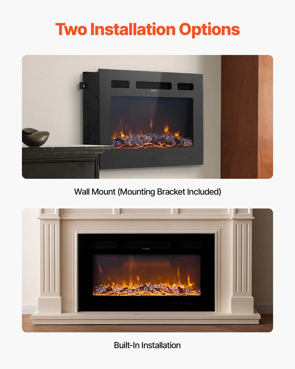 Vevor Electric Fireplace 50" Recessed Wall Mount Adjustable Flame 2 Heat Levels 1500W New