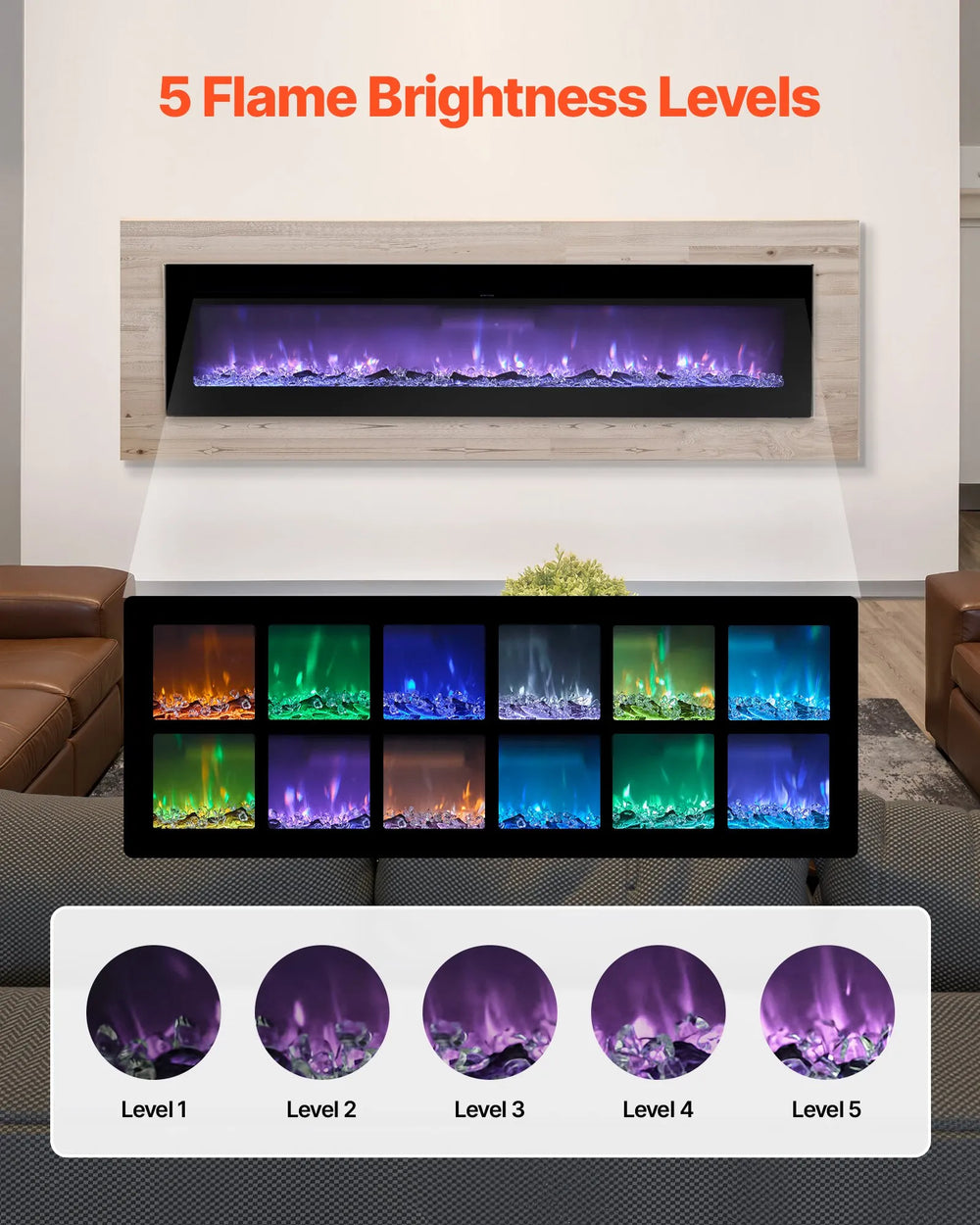 Vevor Electric Fireplace 60" Recessed Wall Mount Adjustable Flame 2 Heat Levels 1500W New