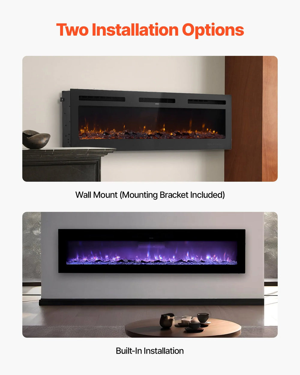 Vevor Electric Fireplace 60" Recessed Wall Mount Adjustable Flame 2 Heat Levels 1500W New