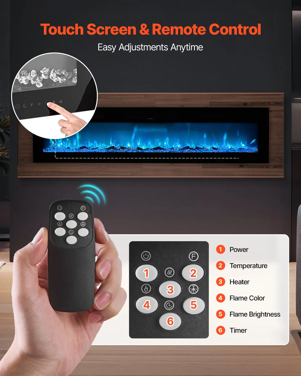 Vevor Electric Fireplace 72" Recessed Wall Mount Adjustable Flame 2 Heat Levels 1500W New