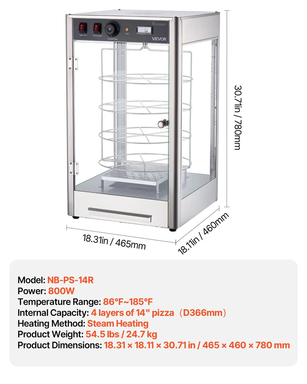 Vevor Pizza Warmer 4-Tier Display 14 in. with Rotary Steam Heating LED Lighting New