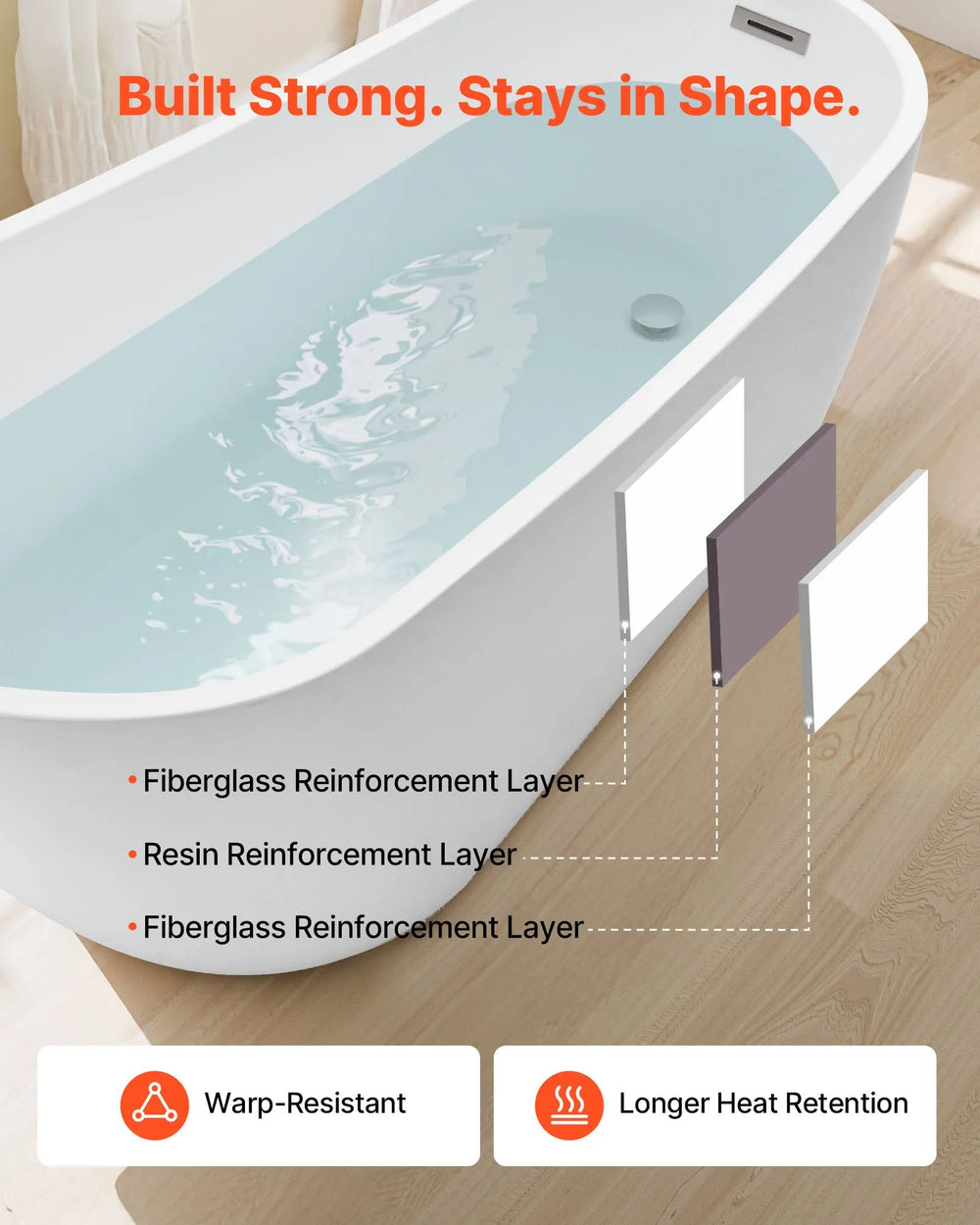 Vevor Acrylic Freestanding Bathtub 56.8 Gal. 67" Oval with Brushed Nickel Drain New