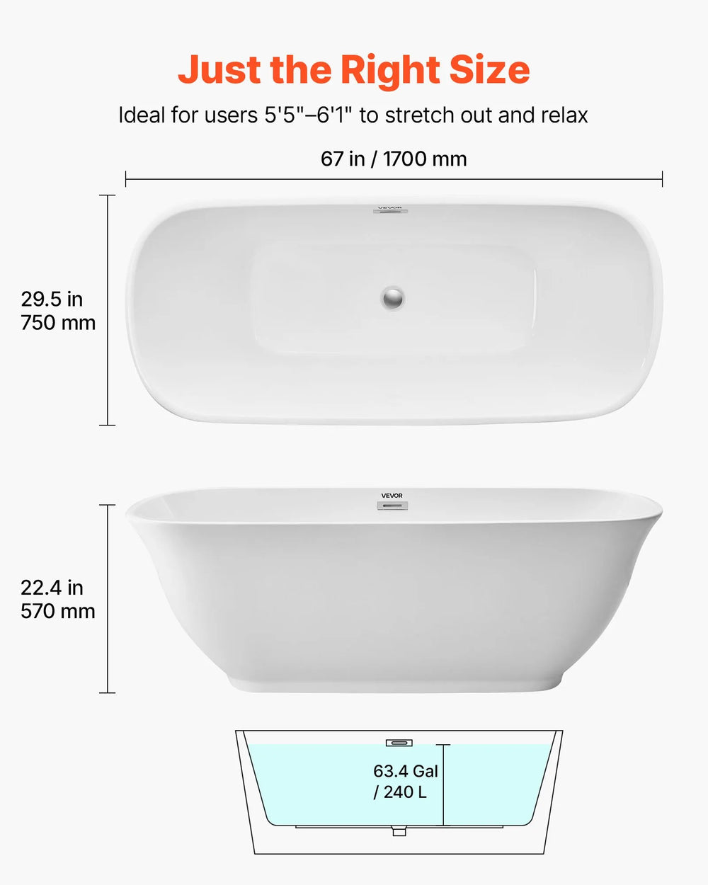 Vevor Acrylic Freestanding Bathtub 63.4 Gal. 67" Oval with Polished Chrome Drain New