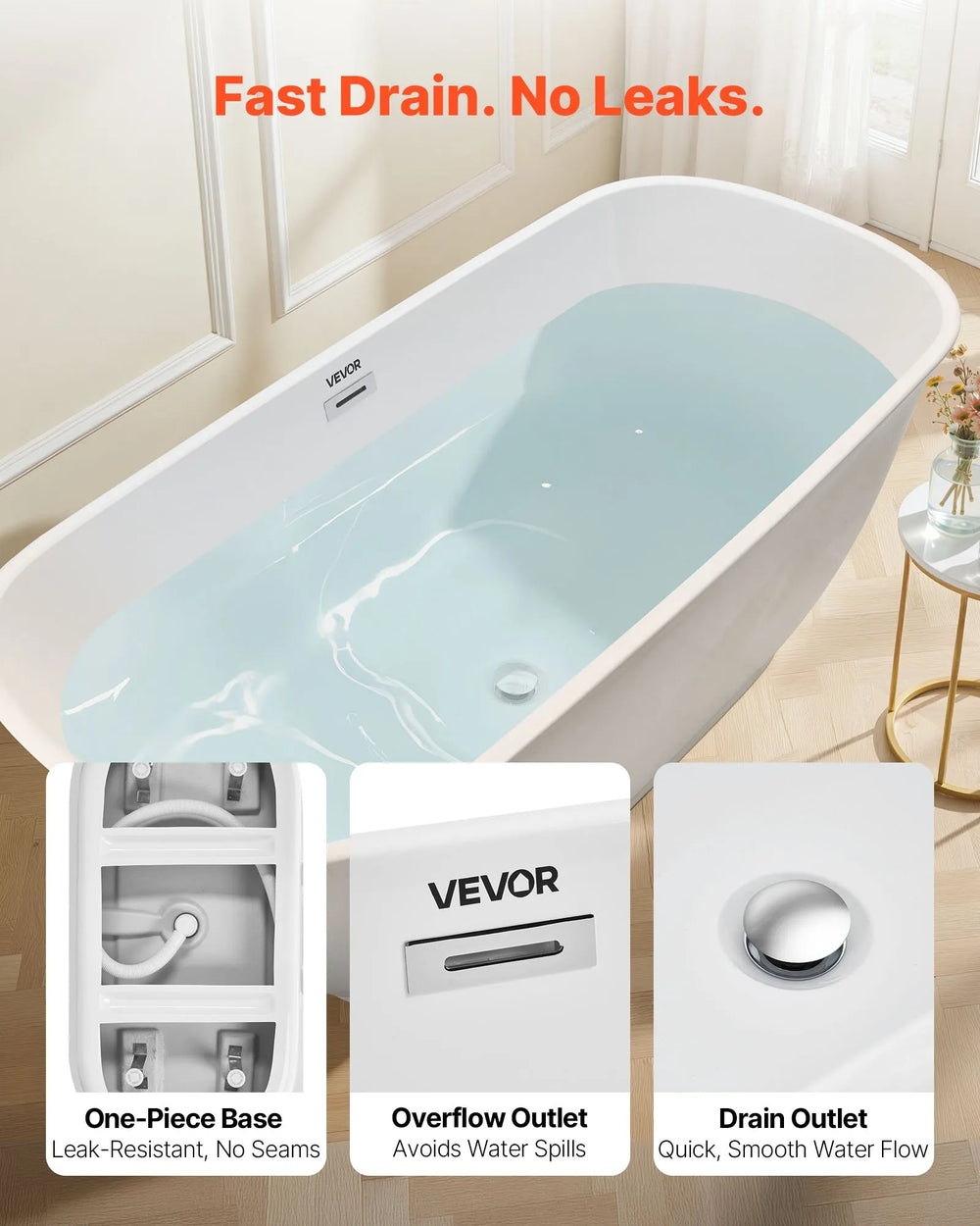 Vevor Acrylic Freestanding Bathtub 63.4 Gal. 67" Oval with Polished Chrome Drain New