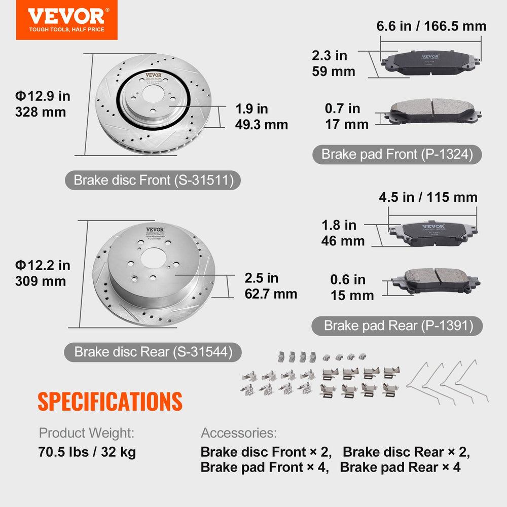 Vevor Front and Rear Brake Rotor and Pad Set Drilled Slotted for Toyota Sienna & Highlander New