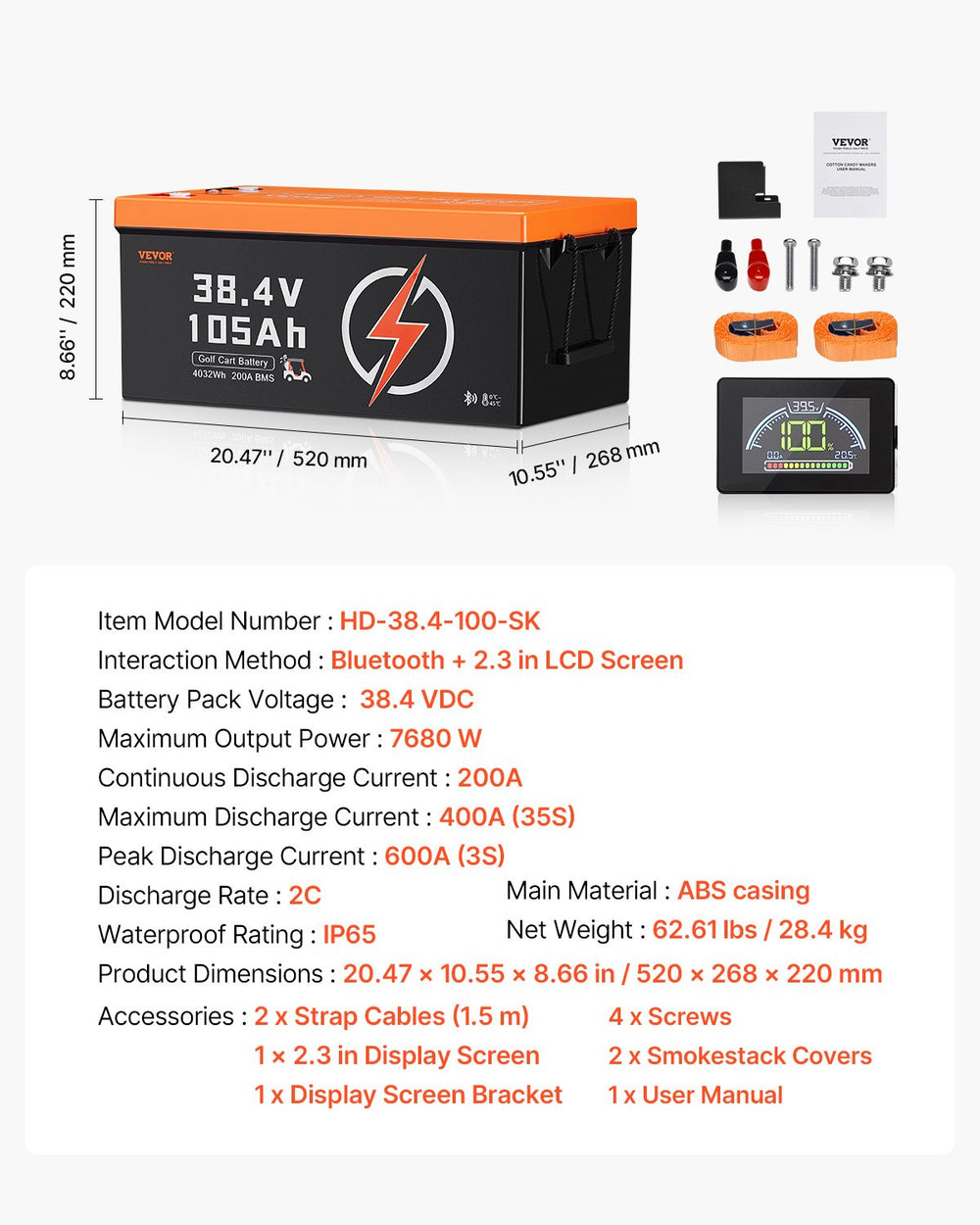 Vevor Golf Cart Battery Lithium 36V 105Ah with LCD Monitor 4000+ Cycles New