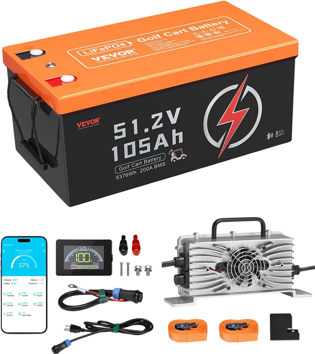 Vevor Golf Cart Battery 48V 105Ah LiFePO4 with BMS LCD Monitor 20A Charger New