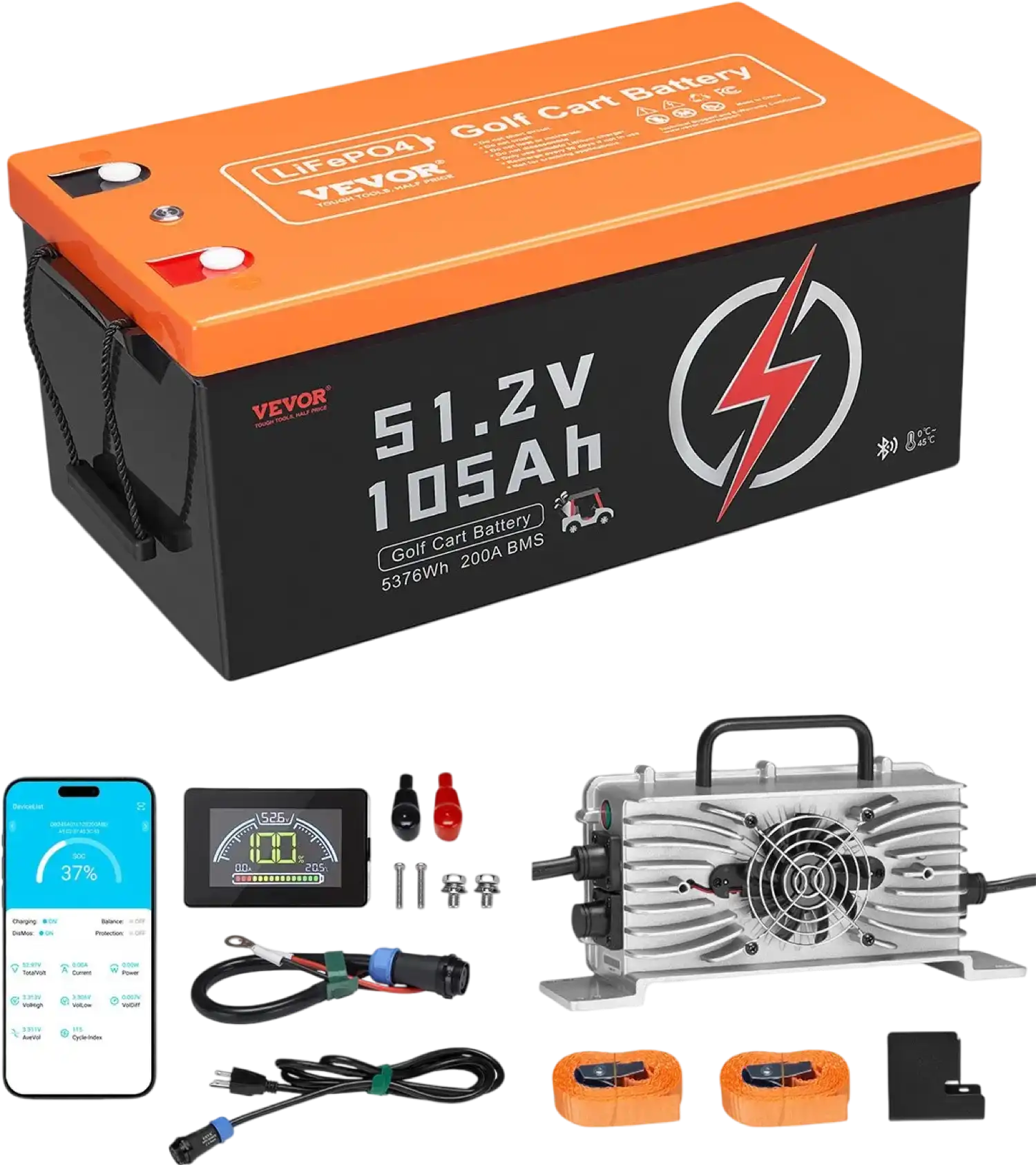 Vevor Golf Cart Battery 48V 105Ah LiFePO4 with BMS LCD Monitor 20A Charger New