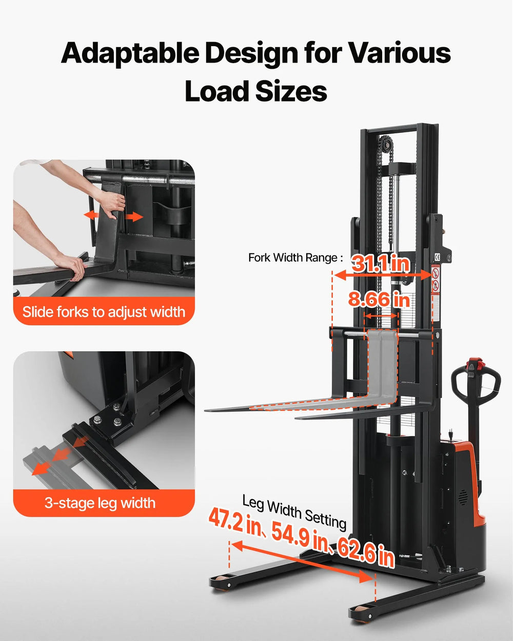 Vevor Electric Pallet Stacker 98" Lift 3300 lbs Adjustable Width Forks Straddle Legs New