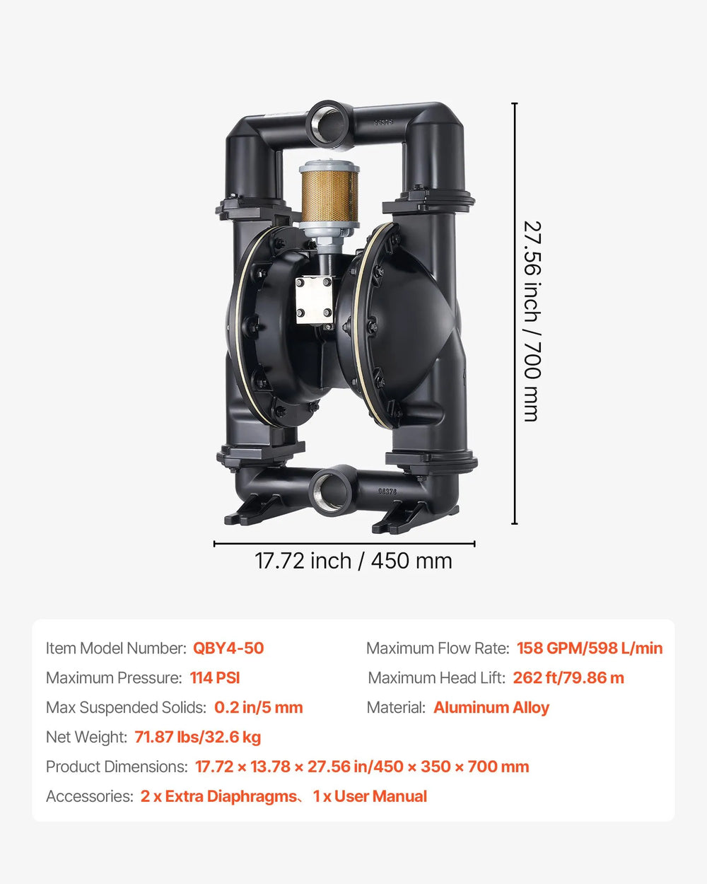Vevor Double Diaphragm Pump Air Operated 158 GPM 2" Inlet/Outlet Max 114 PSI New