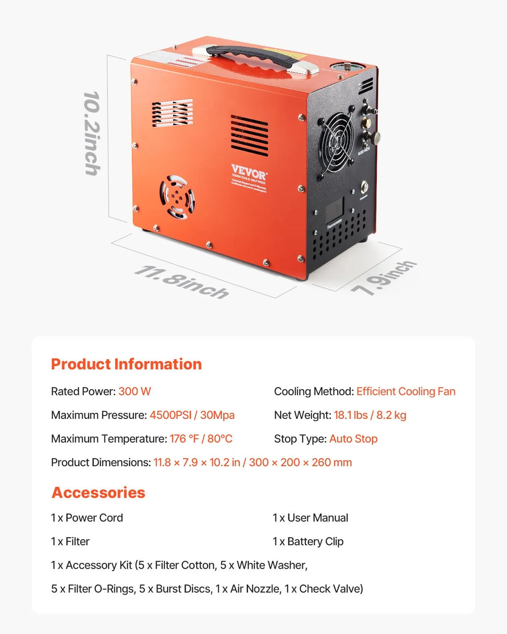 Vevor PCP Air Compressor 4500 PSI with Built-in Converter Auto Stop 300W New