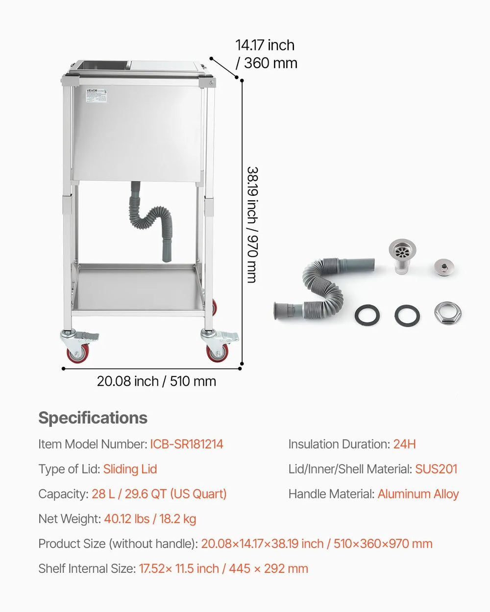 Vevor Rolling Ice Chest 29.6 Qt Stainless Steel Cooler on Wheels New