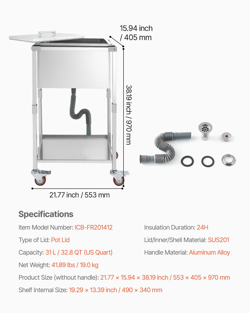 Vevor Rolling Ice Chest Cooler Cart 32.8 QT Capacity New